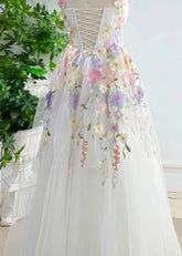 Olive | Gorgeous A Line Ivory Flower Corset Backless Prom Dress - Ivory Floral - PromDressClub